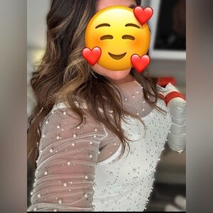 Elegant White Pearl-Embellished Slip Dress w studded Pearl overlay